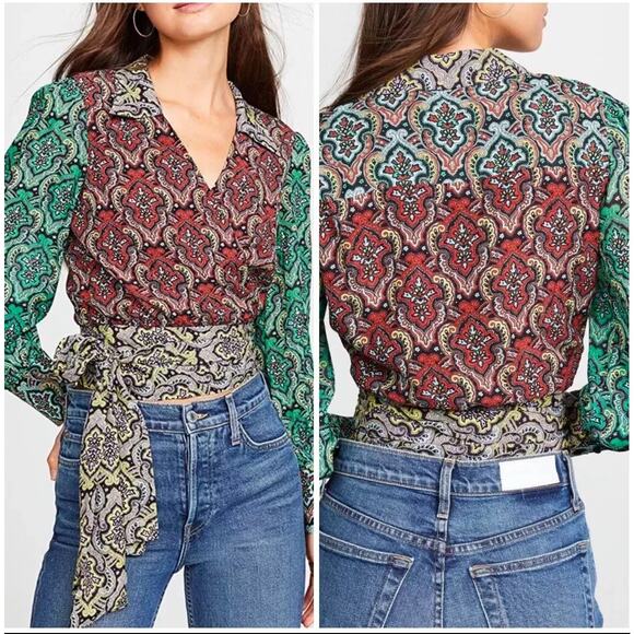 Alice & Olivia Omega Paisley Wrapped Tie‎ Blouse Green Red Long Sleeve Top Sz XS - Picture 1 of 10